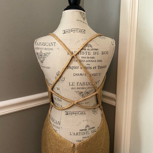 NEW LA FEMME SZ 12 GOLD LACE ILLUSION FORMAL EVENING GOWN - Picture 9 of 16